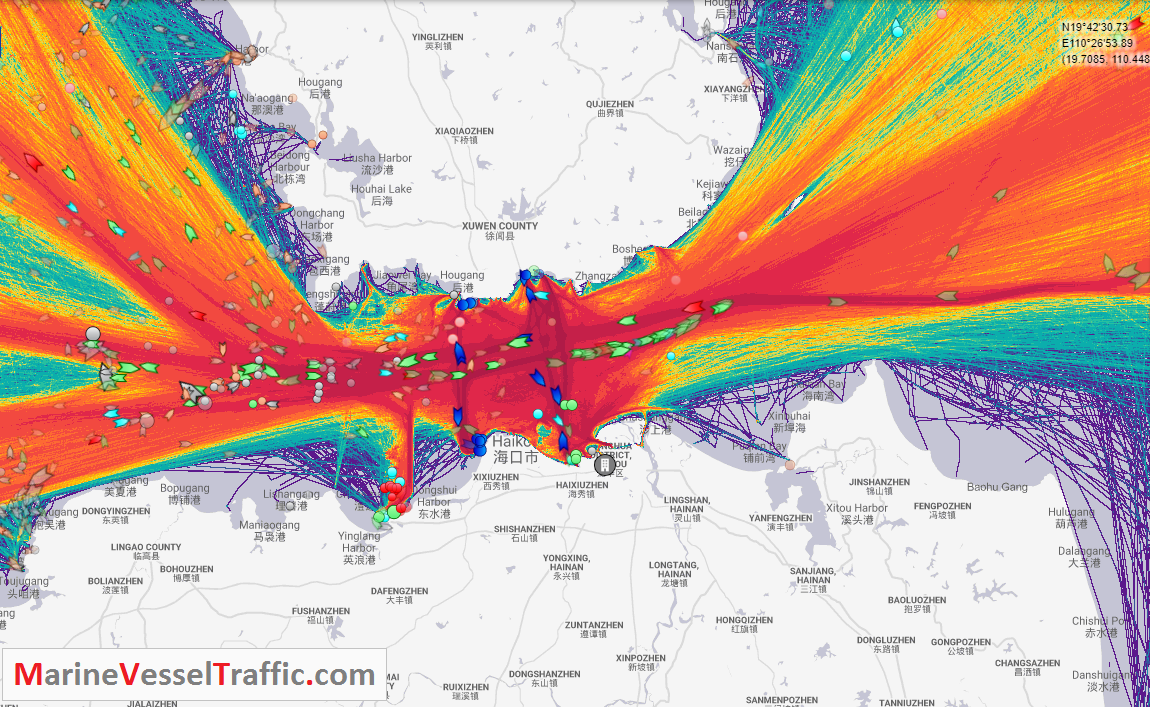 Live Marine Traffic, Density Map and Current Position of ships in QIONGZHOU STRAIT